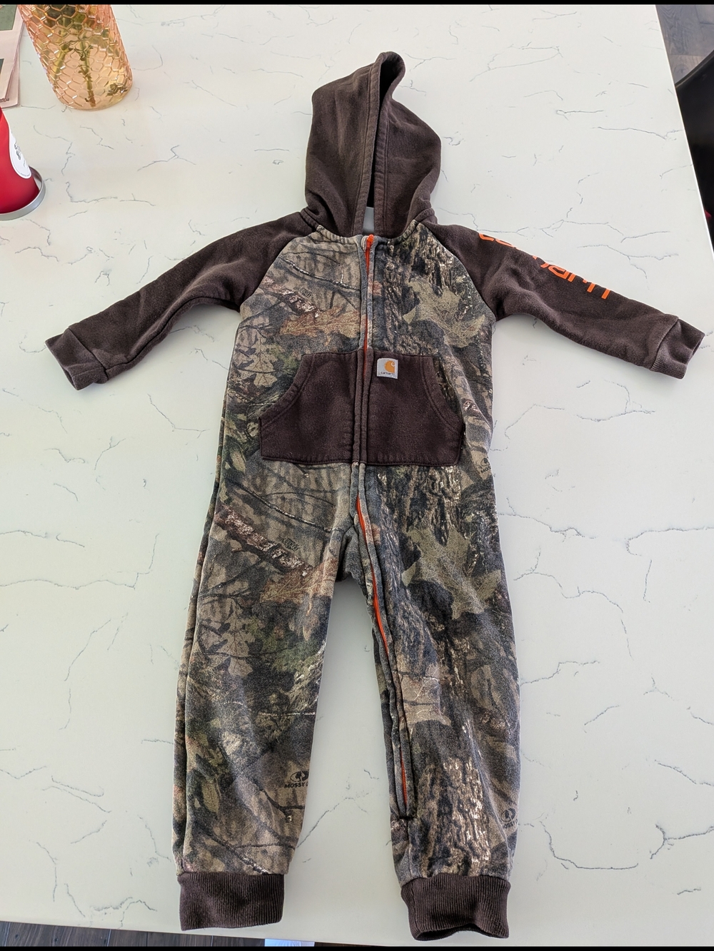 Carhartt Brown Camo Hooded Fleece One-Piece with Orange Accents